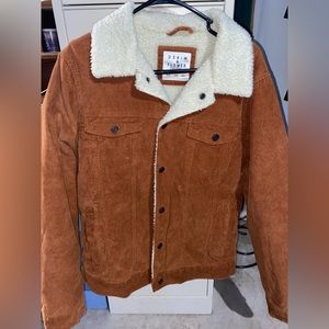 Corduroy jacket, Sherpa lining, men’s size medium, denim and flower, tan
